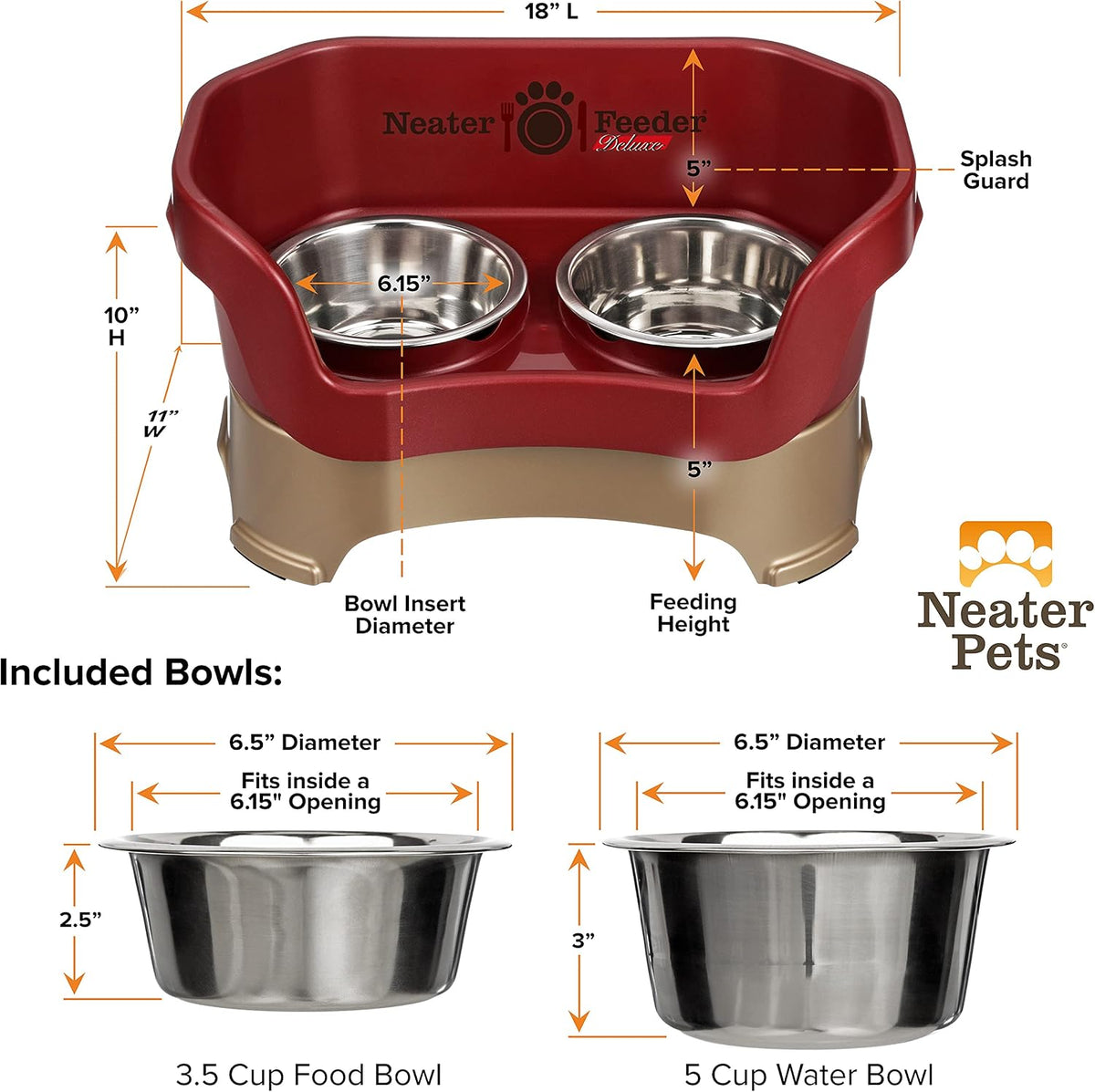 Neater Pet Brands Neater Feeder Deluxe Mess Proof Dog Bowls Elevated for Medium Dogs 19-40 lbs, Made in USA, No Spill Raised Dog Food Bowl Stand Feeding Station, Food and Water Bowl Set, Cranberry 