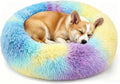 Calming Donut Dog and Cat Bed for Indoor Cats, Anti-Anxiety Round Fluffy Soft Washable Small Pet Bed for Puppy and Kitten, Warming Comfortable Luxury Anti-Slip Waterproof Mute Base 20in Rainbow