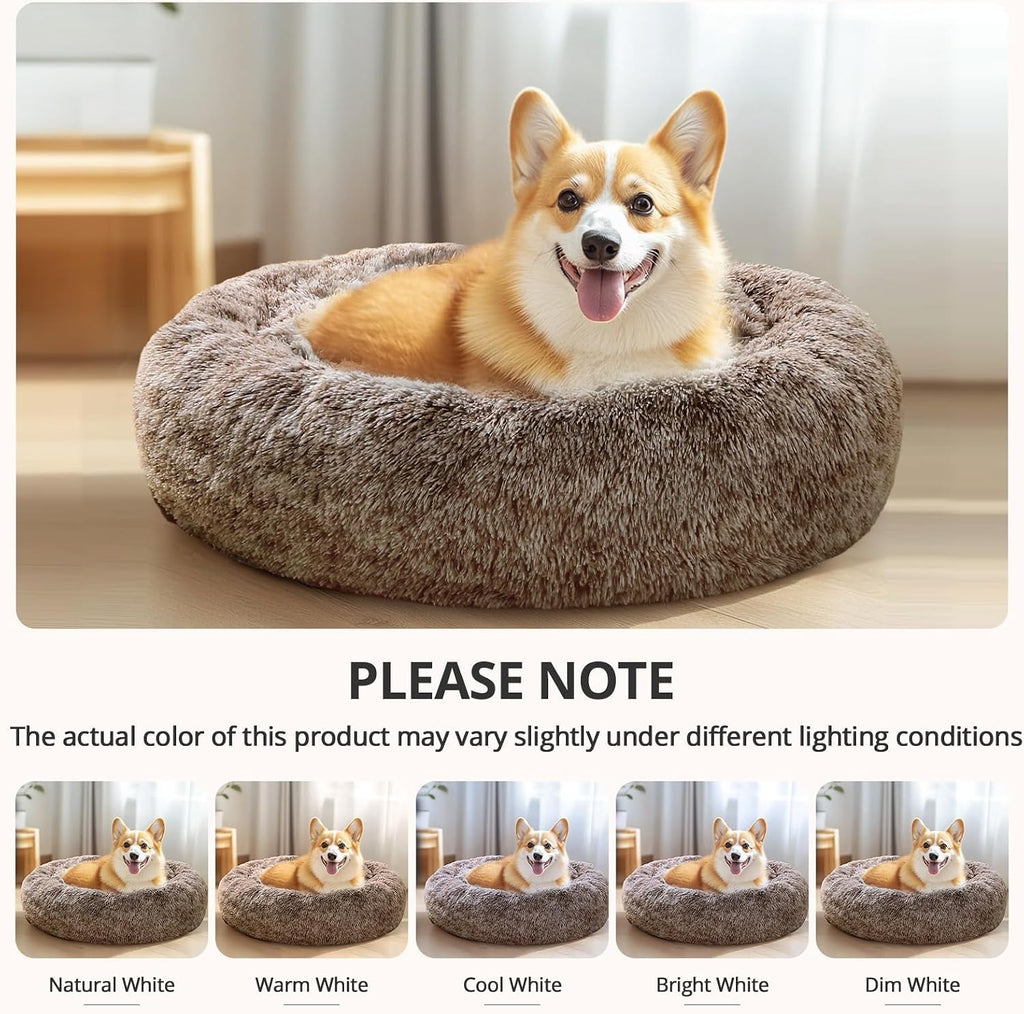 JOLLYVOGUE Calming Dog Bed Medium Size Dog, Anti-Anxiety Donut Medium Pet Bed, 27 inches Fluffy Faux Fur Round Cat Bed (Smoke Brown)