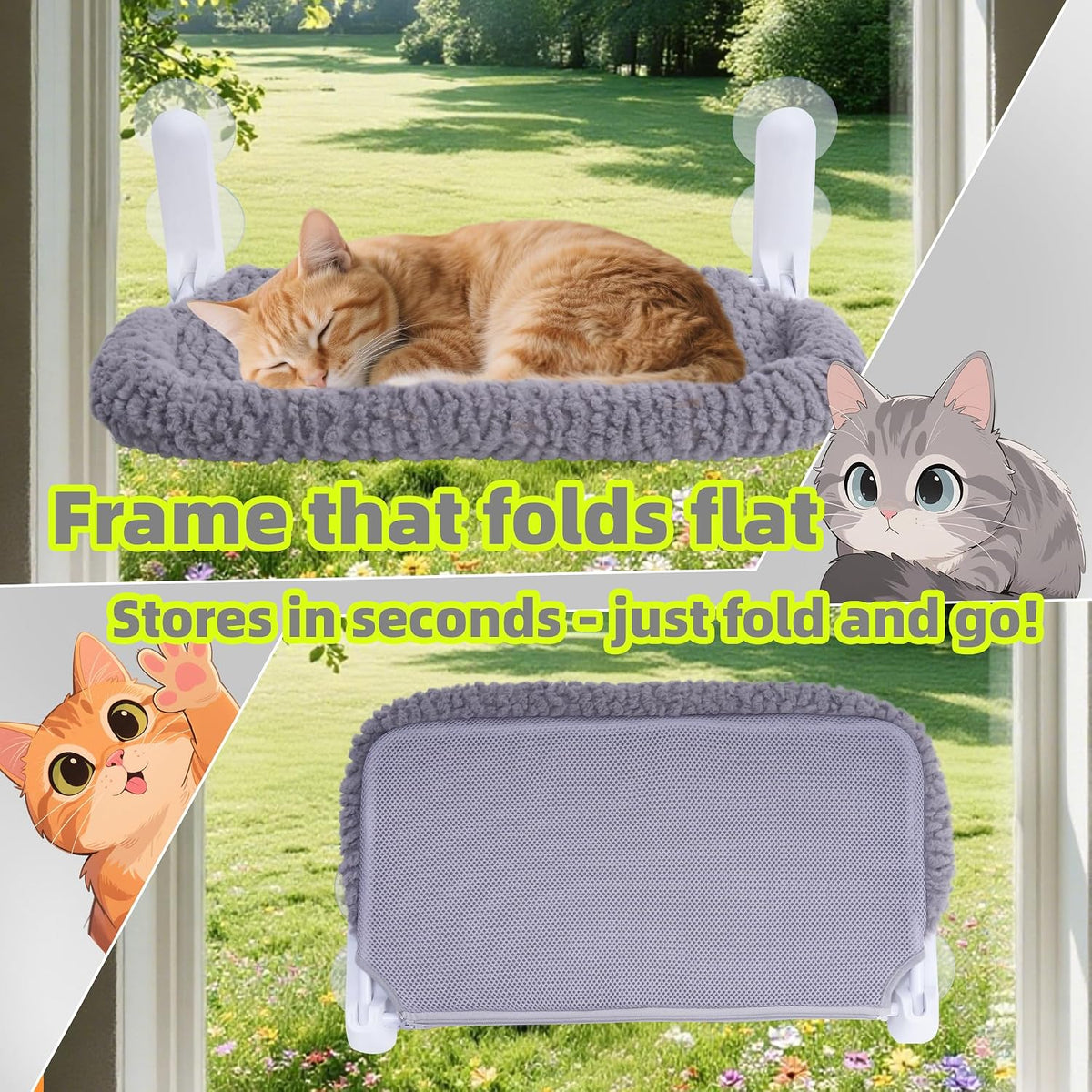 AIWIKIDE Cat Window Perch with Cushion Rim, Easy Install Bracket, Portable Wall Hammock for Indoor Cat, Grey