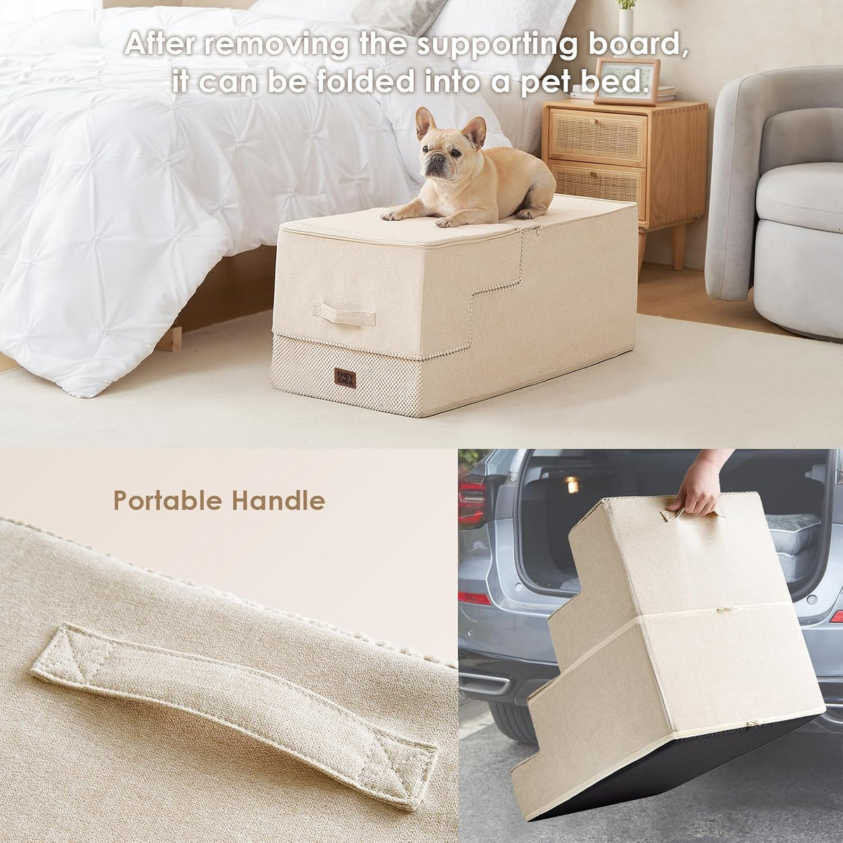EHEYCIGA Dog Stairs for Bed 22.5" H, 5-Step Extra Wide Dog Steps, Beige