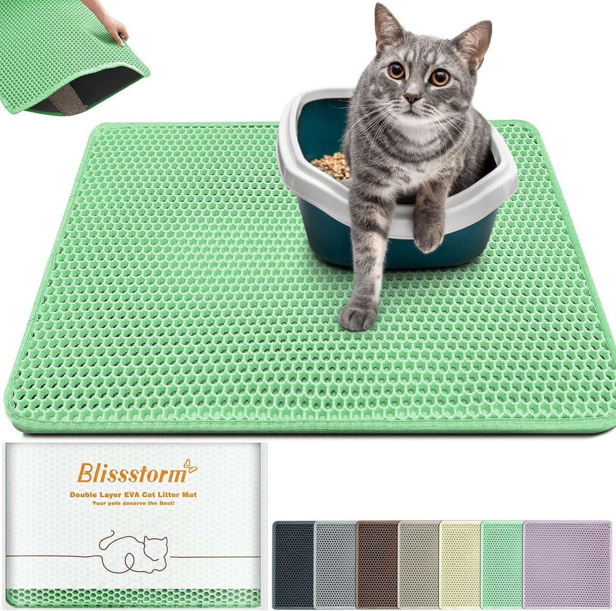Cat Litter Mat 47"x27",Double Layer EVA Litterbox Mat Green | Extra Large Honeycomb, Waterproof & non-slip, Odor-free, easy clean, washable durable floor protector,scatter control