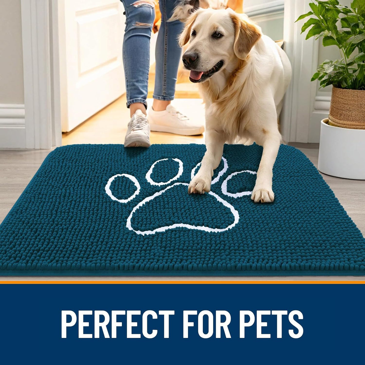 OLANLY Dog Door Mat for Muddy Paws 59x35, Paw Print Design Chenille Mud Mat