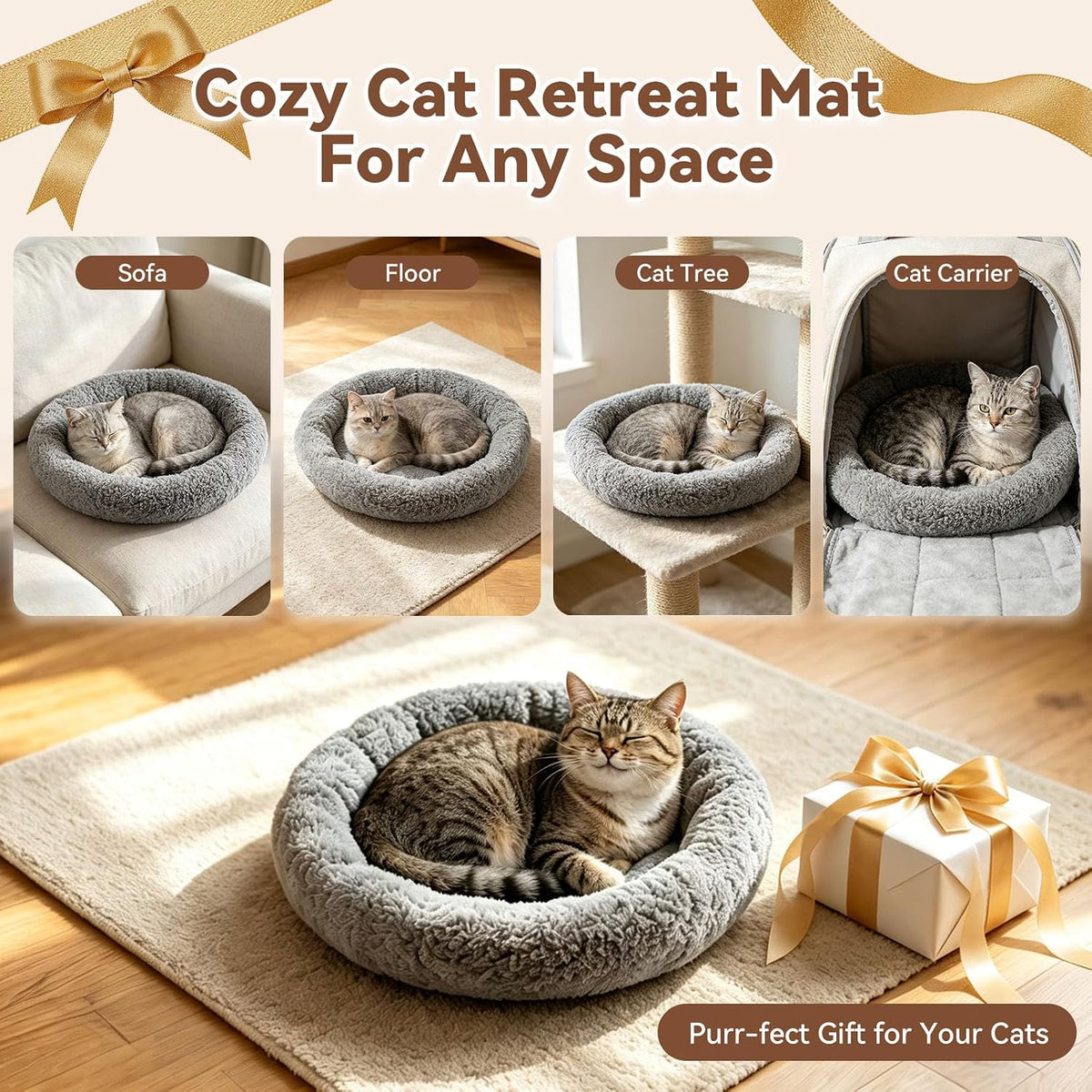 LESYPET Cat Bed for Indoor Cats, Small Pet Bed Curl Sleep Cushion with Raised Pillow Around, Non-Slip Bottom Washable Pet Beds Mat for Small Pets Rabbit Hamsters, Round Diameter 15.7"