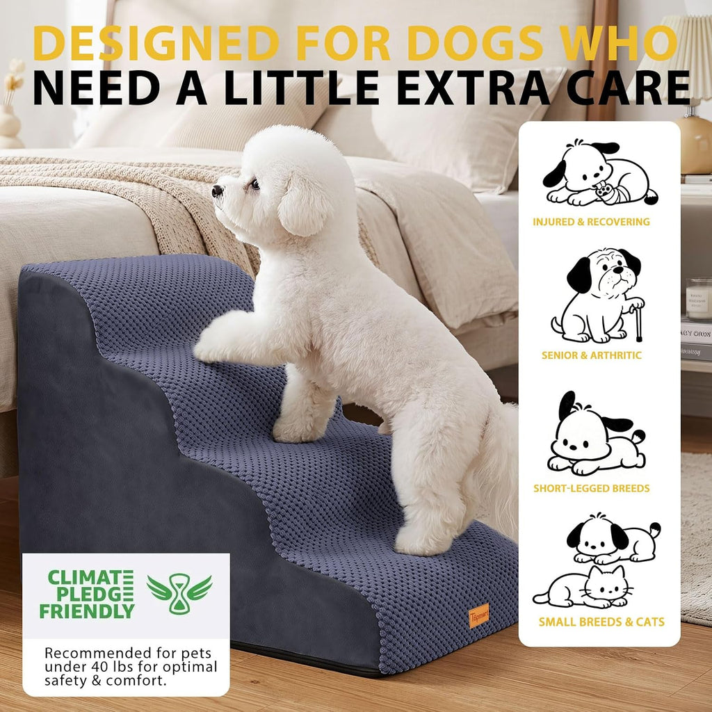 4-Step Dog Stairs for Small Dogs, Non-Slip Foam Pet Steps for High Beds