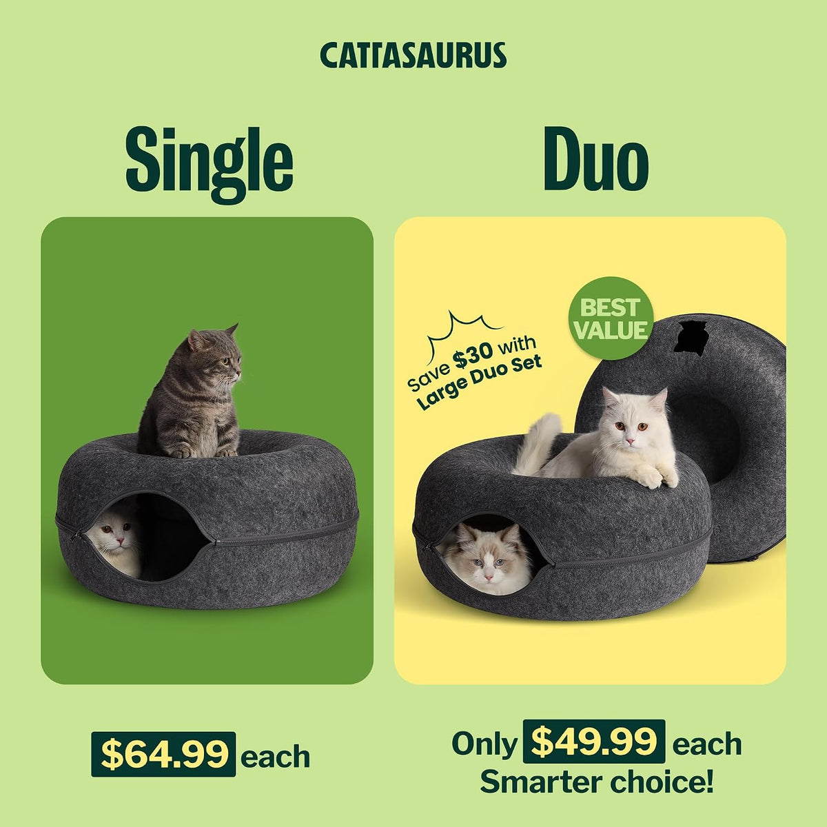 Cattasaurus Peekaboo Cat Cave Donut for Multiple & Large Cats up to 30-45 lbs, 3-in-1 Self Warming Cat Bed, Tunnel & Scratcher for Indoor Cats, Washable & Detachable (Dark Gray + Dark Gray, Large)