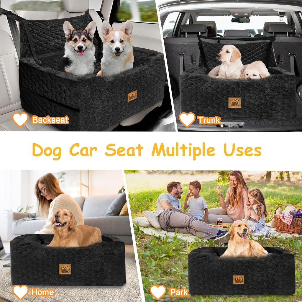 Dog Car Seat for Medium/Large Dogs, Washable Dog Booster Seat Under 60 lbs or 2 Small Dogs, Multi-Functional Pet Car Seat with Thick Cushion, 2 Safety Leashes (Black)
