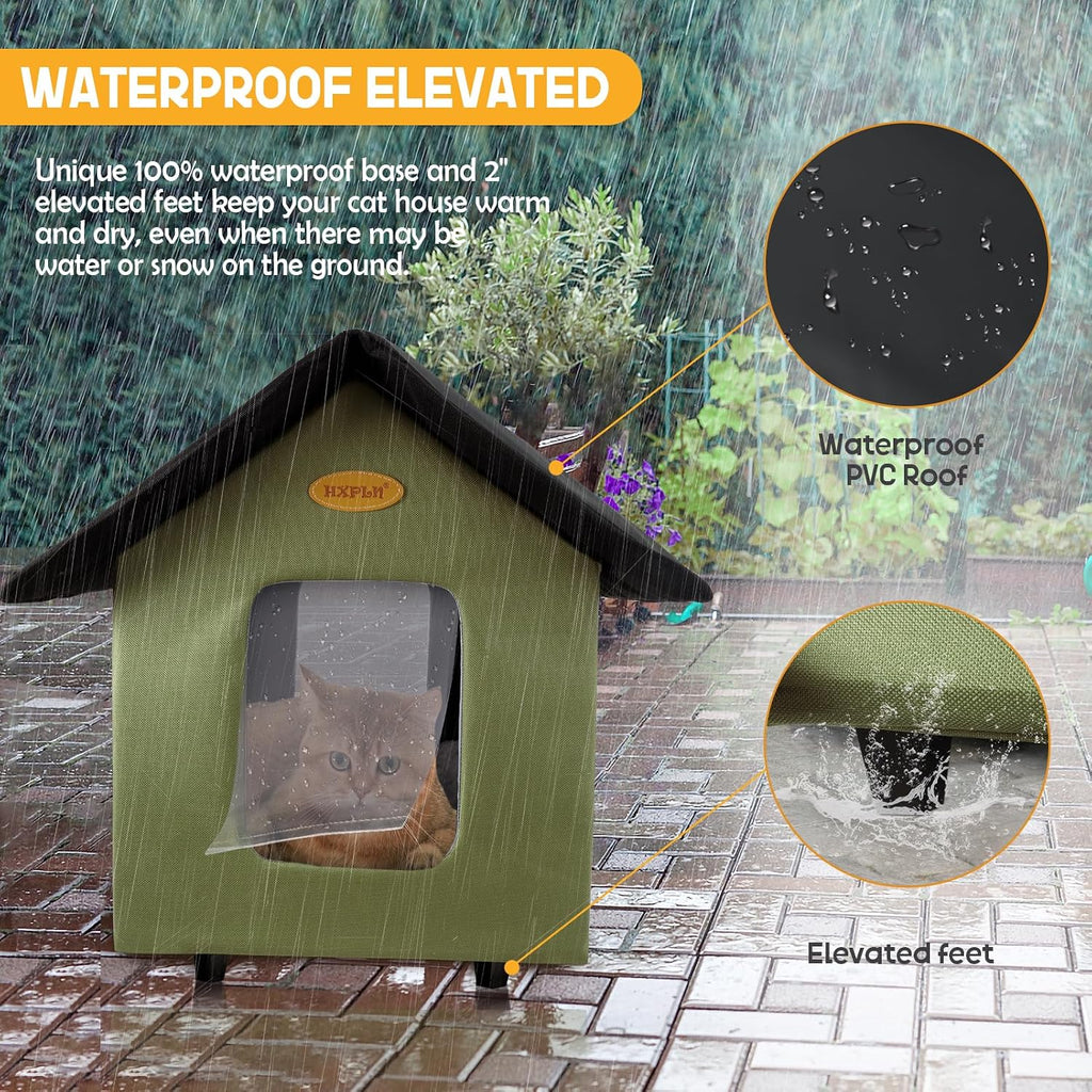 Heated Cat Houses for Outdoor Cats - Elevated Weatherproof Insulated Heated Outdoor Cat House for Winter - Feral Cat Shelter for Outside Cats - Outdoor Heated Cat House (Green)