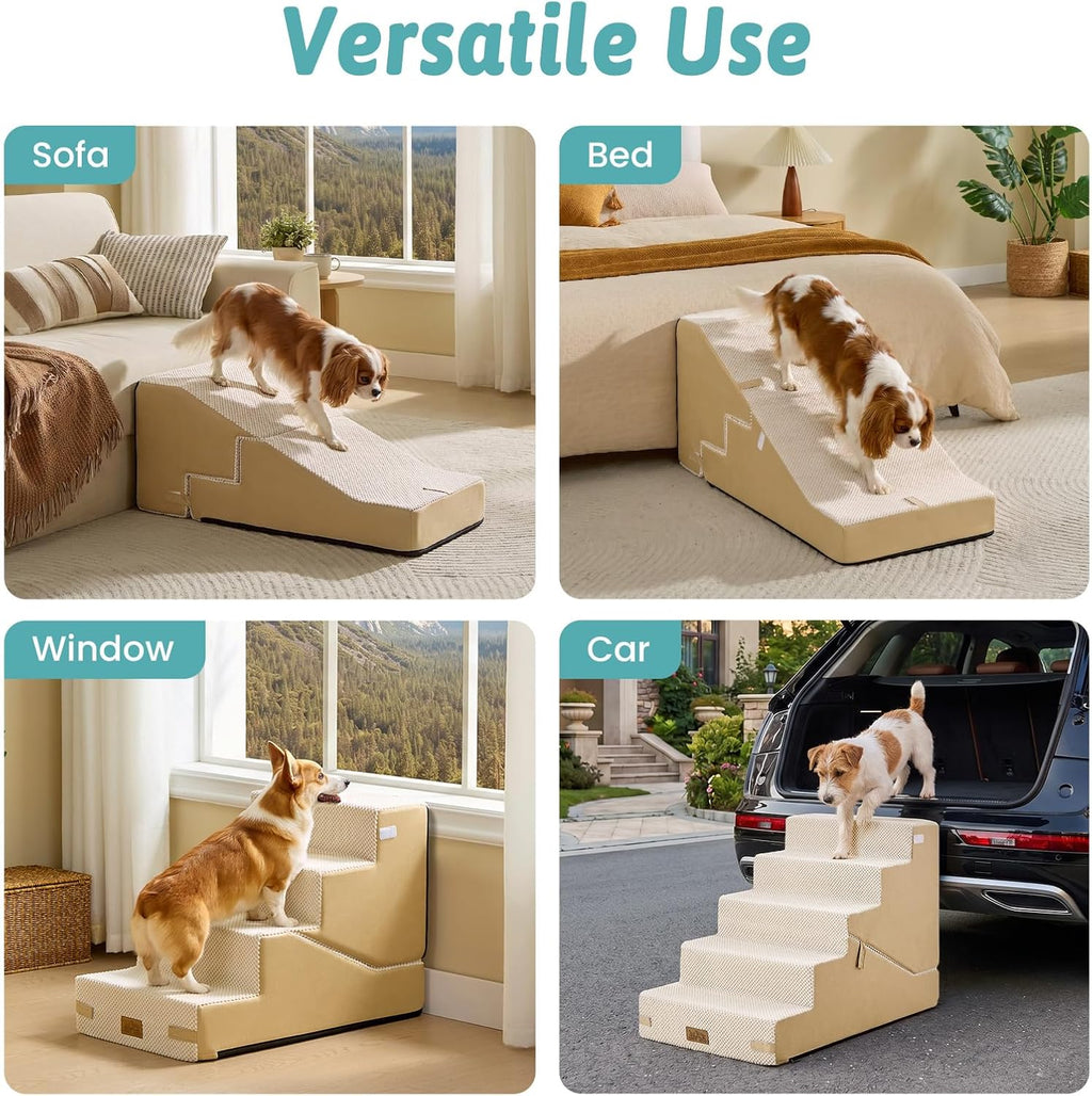 COZY KISS Dog Stairs for Small Dog, 14.2" H, 3 Step for Couch, Beige