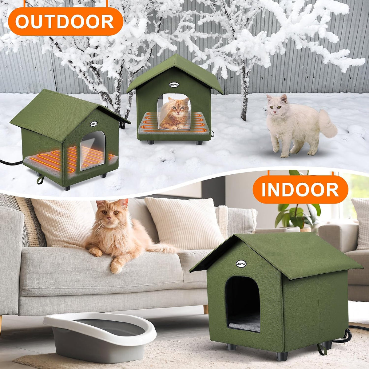 Dreyoo 2 Pack Heated Cat House Weatherproof, Green
