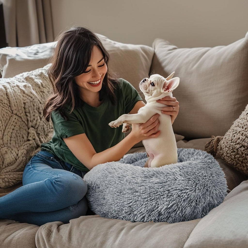 Dogs Bed for Small Dogs, Anti-Anxiety Washable Round Bed (24in Light Grey)