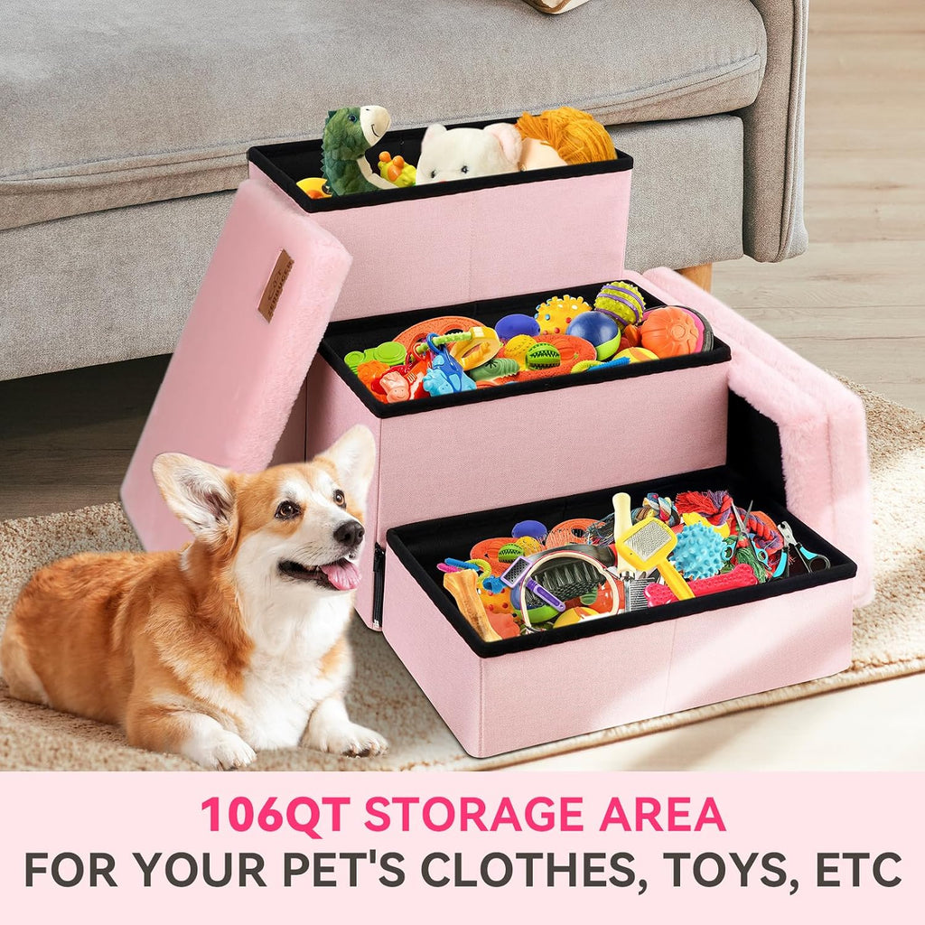 Zerbuger Dog Stairs with Storage, Pink Furry Lids 3 Steps Dog Ramp no Condo