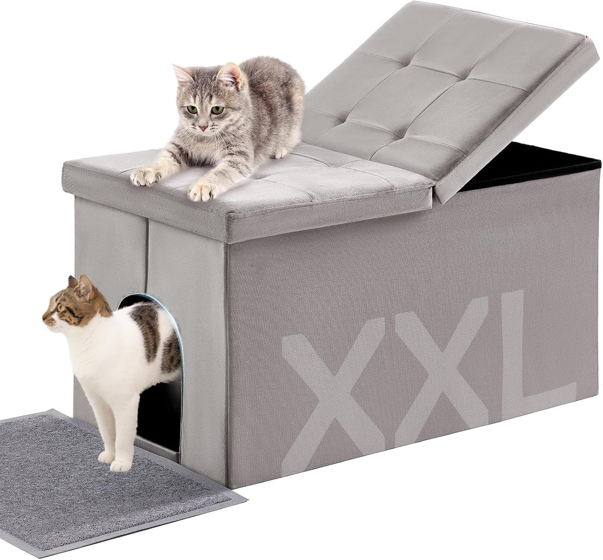 MEEXPAWS Cat Litter Box Enclosure Furniture XXL Velvet Lift Design Lid | Extra Large Hidden Cat Washroom Bench Ottoman, Storage Cabinet Dog Proof, Urine Proof, Easy Clean, Quick Assembly, Grey