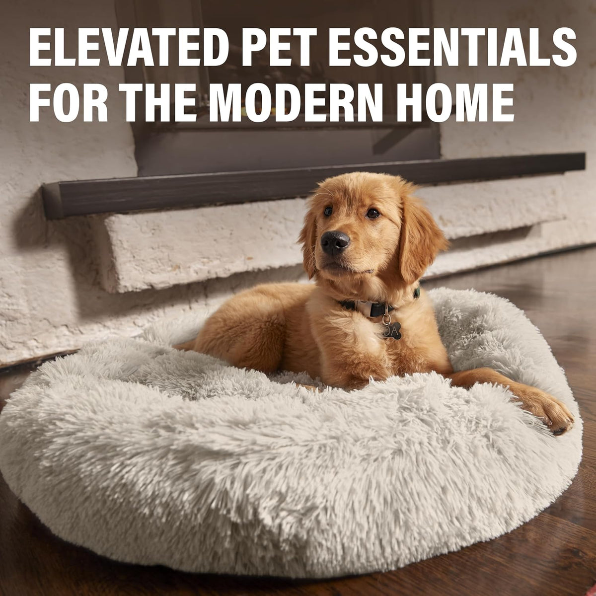 Active Pets Premium Large Donut Dog Bed, Fits Up to 100 lbs, Machine Washable Cushion, Plush Long Pile Faux Fur Fabric, Portable Beige Pet Bed Furniture for Puppies Adult Canines & Cats