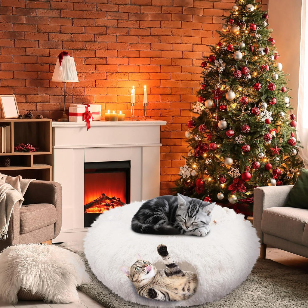 Hollowfly Christmas Cat Bed Tunnel 3ft x 3ft x 9.8in Under Tree Cat Donut Tunnels for Indoor Kittens Xmas Winter Plush Peekaboo Cave Toy Collapsible 3 Way for Small Kitty(Fluffy)