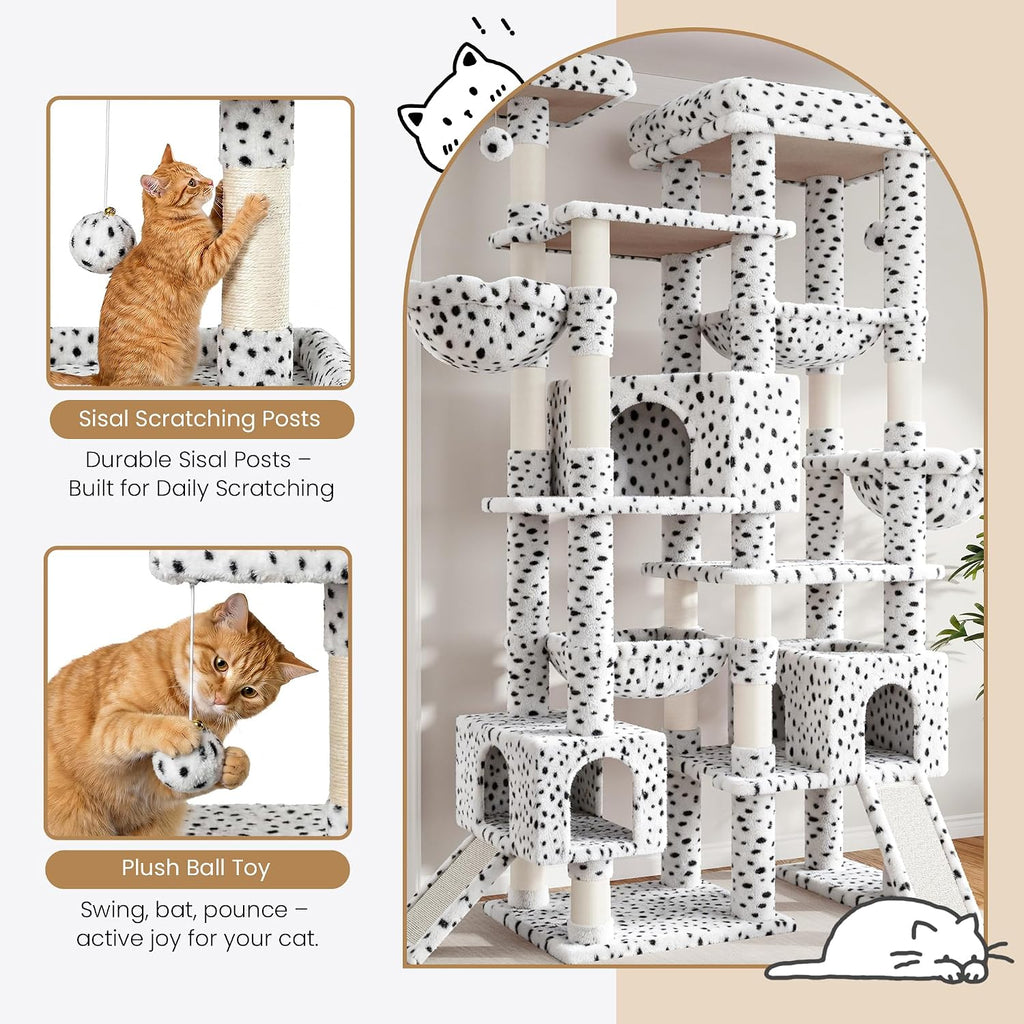 SHA CERLIN 87 in Multi-Level Tall Cat Tree Tower for Large Cats/Extra Wide Feline Activity Center/Sisal Scratching Posts/Wide Base/Cozy Plush Perches/Baskets/Hammocks/Toy Balls/White & Black Spot