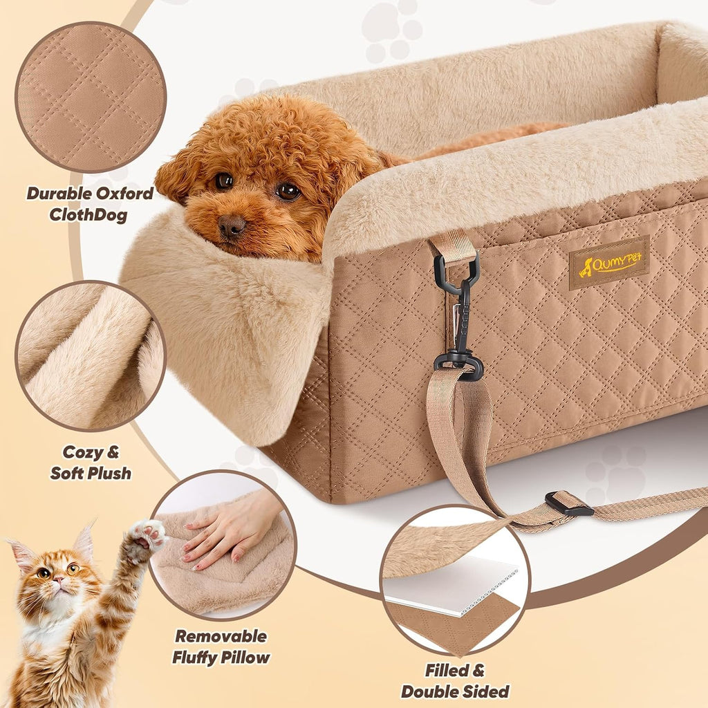 QUMY Middle Center Console Dog Car Seats for Small Dogs Up to 11lbs, Khaki