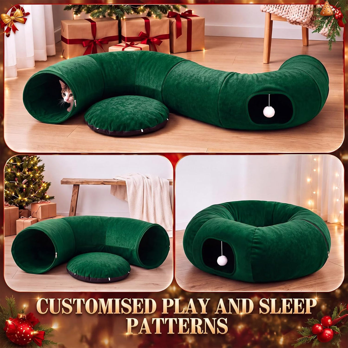 Christmas Tree Cat Tunnel 36 in Donut Bed, Green, Velvet, Fluffy