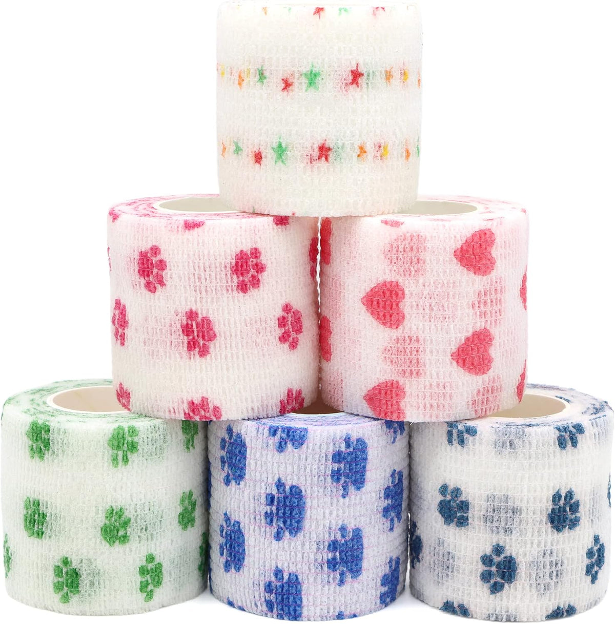 Self Adhesive Bandage Wrap Animal Cohesive Bandage Self Adherent Wrap First Aid Tape for Dogs Cats Horses Birds & Wrist Healing Ankle Sprain (2 Inch Pink White Set 6 Rolls)