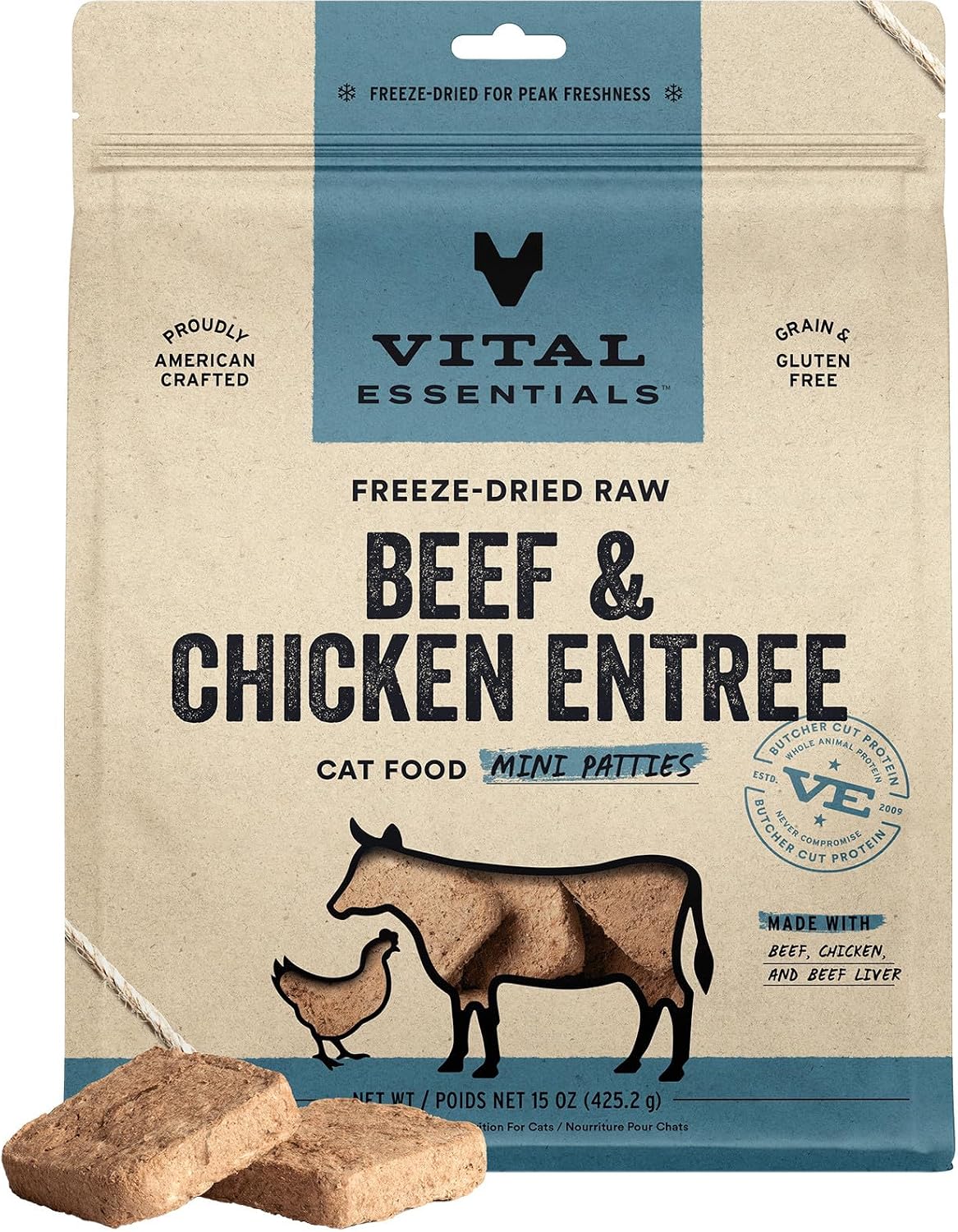 Vital Essentials Freeze Dried Cat Food, Beef & Chicken Mini Patties, 15 oz