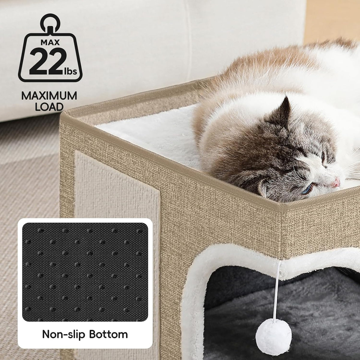 Cat Beds for Indoor Cats,Large Cat Cave House with Scratch Pad and Fluffy Ball,Foldable Cat Condo Hideaway, Modern Kitten Bed, Khaki‌