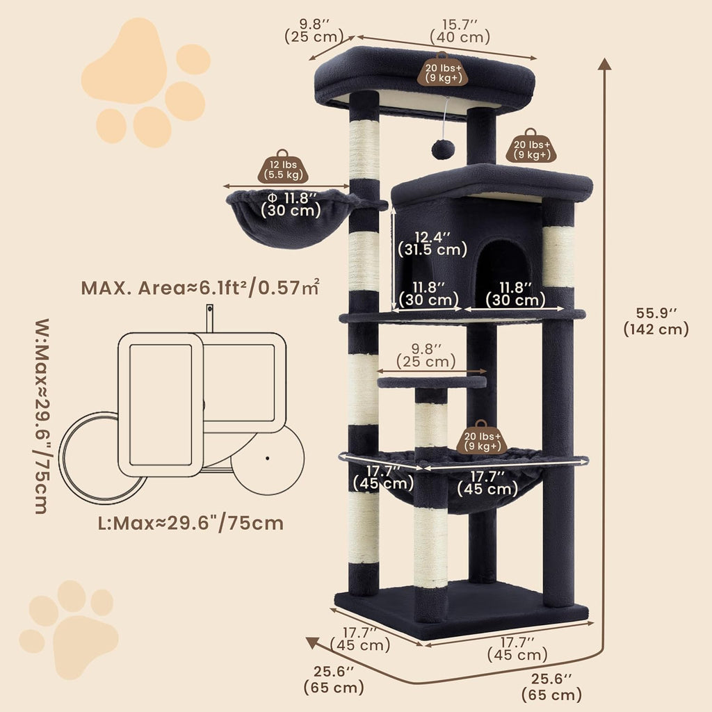 Heybly Cat Tree, 56" Multi-Level Easy Climb Tower for Large Cats HCT028G