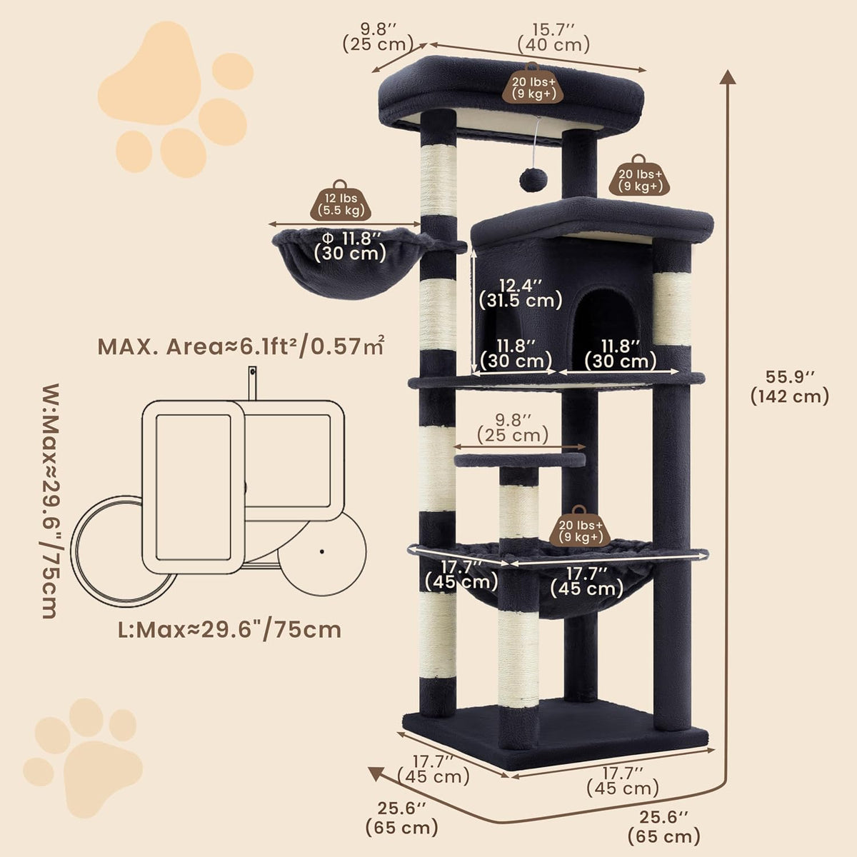 Heybly Cat Tree, 56" Multi-Level Easy Climb Tower for Large Cats HCT028G