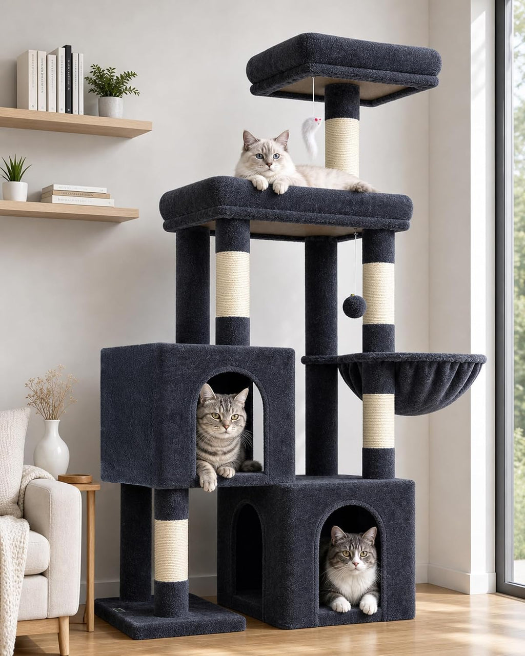 Globlazer 52in Cat Tree Tower for Indoor Cats, 2 Condos, S52, Dark Grey