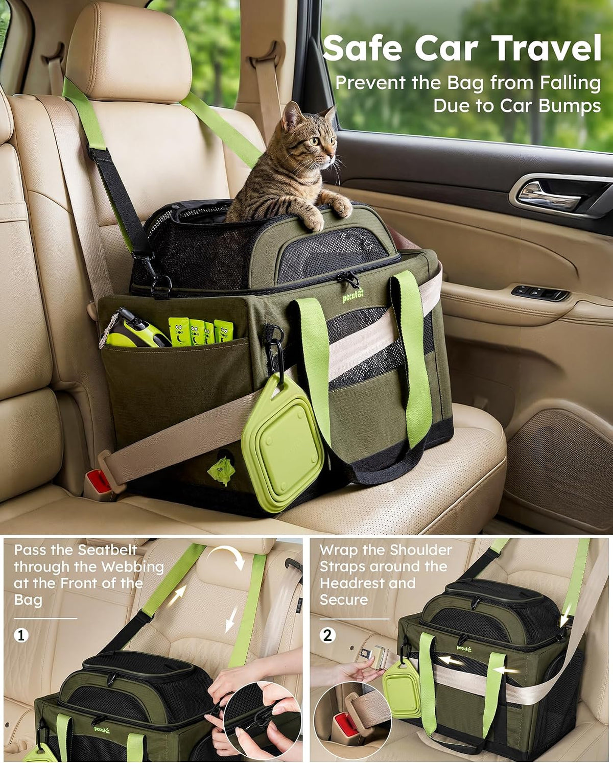 Pecute Cat Carrier,Top Expandable Dog Crate for Travel, Green