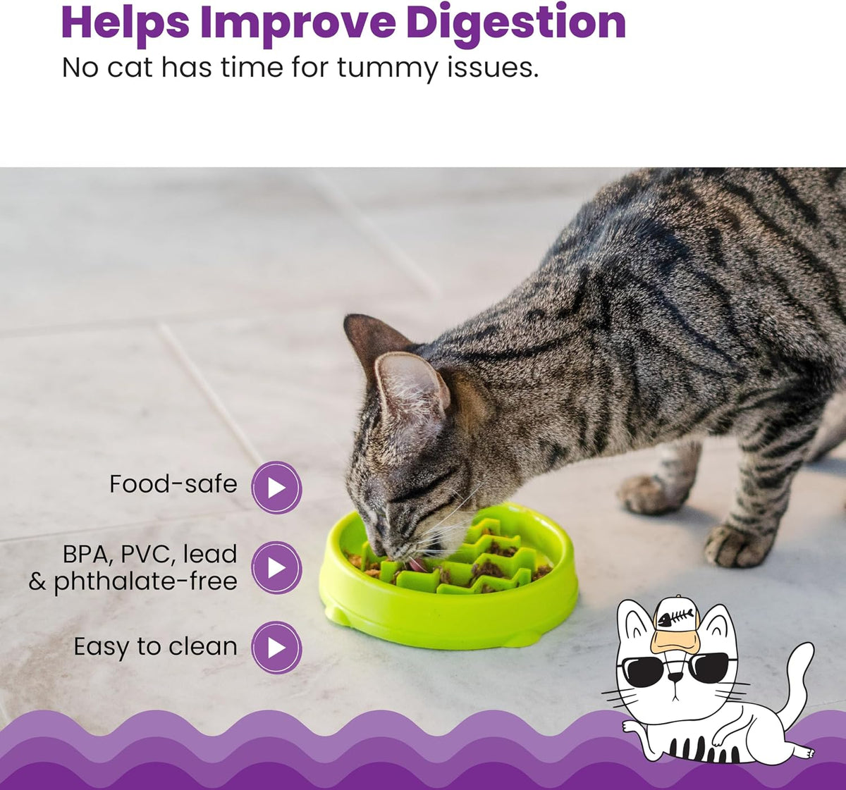 Catstages Kitty Slow Feeder Bowl for Cats & Kittens, 3/4 Cup, Green, 5"