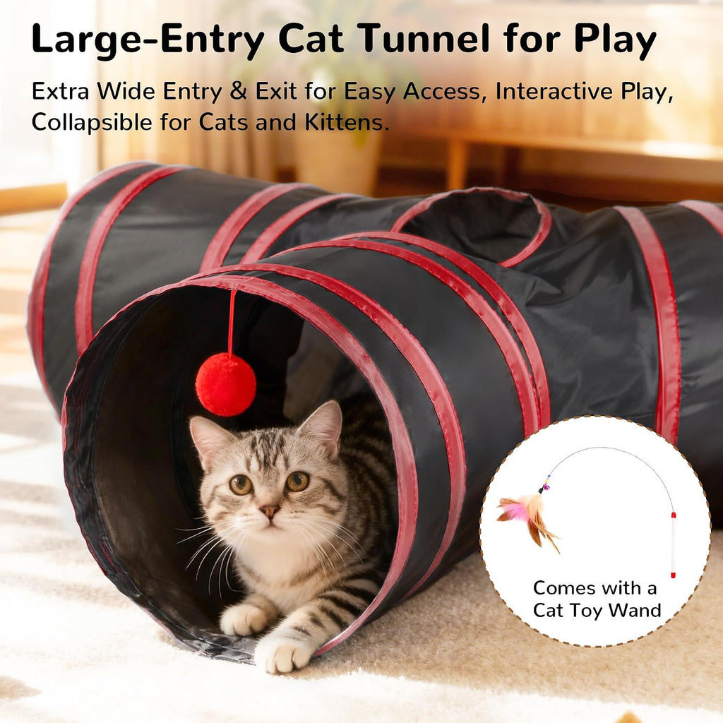 Tempcore Cat Tunnel, 3-Way Collapsible Toy for Indoor Cats, Black & Red | 3-Way Cat Tunnel with Peek Holes, Hanging Ball and Teaser Wand, Collapsible Design for Play, Hiding, Chasing and Exercise