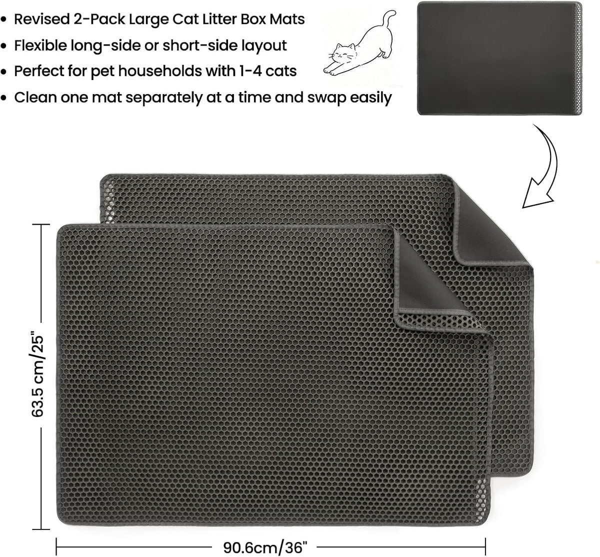 Litter Box Mat, 25x35in 2-Pack, Cat Litter Trapping Mat for Litter Boxes | Honeycomb Litter Mat, Litter Catching Mat, BPA-Free, Waterproof & Urine-Proof Cat Mat, Less Mess, Easy Lift & Clean, Gray