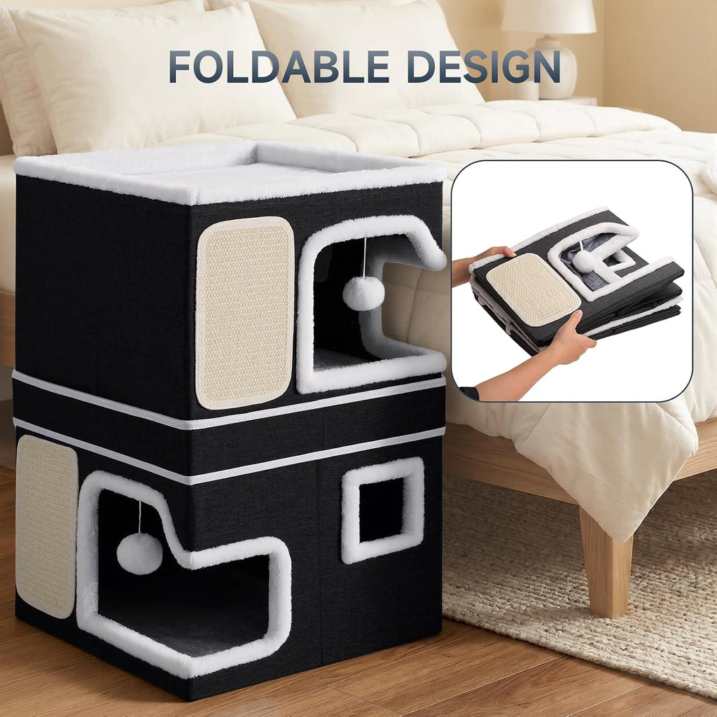 Shikha 2 Story Cat Bed House for Indoor Cats with Scratch Pads Black