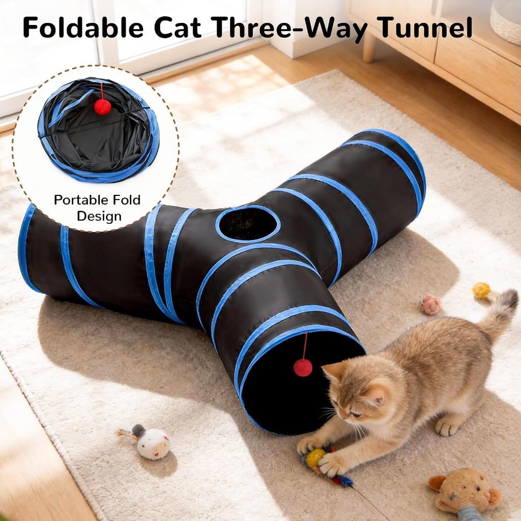 Tempcore Cat Tunnel, 3-Way Collapsible Toy, Large Size Black & Royal Blue | Large Size 3-Way Cat Tunnel Provides More Room for Cats to Run, Hide and Chase, with Peek Holes, Hanging Ball and Teaser Wand