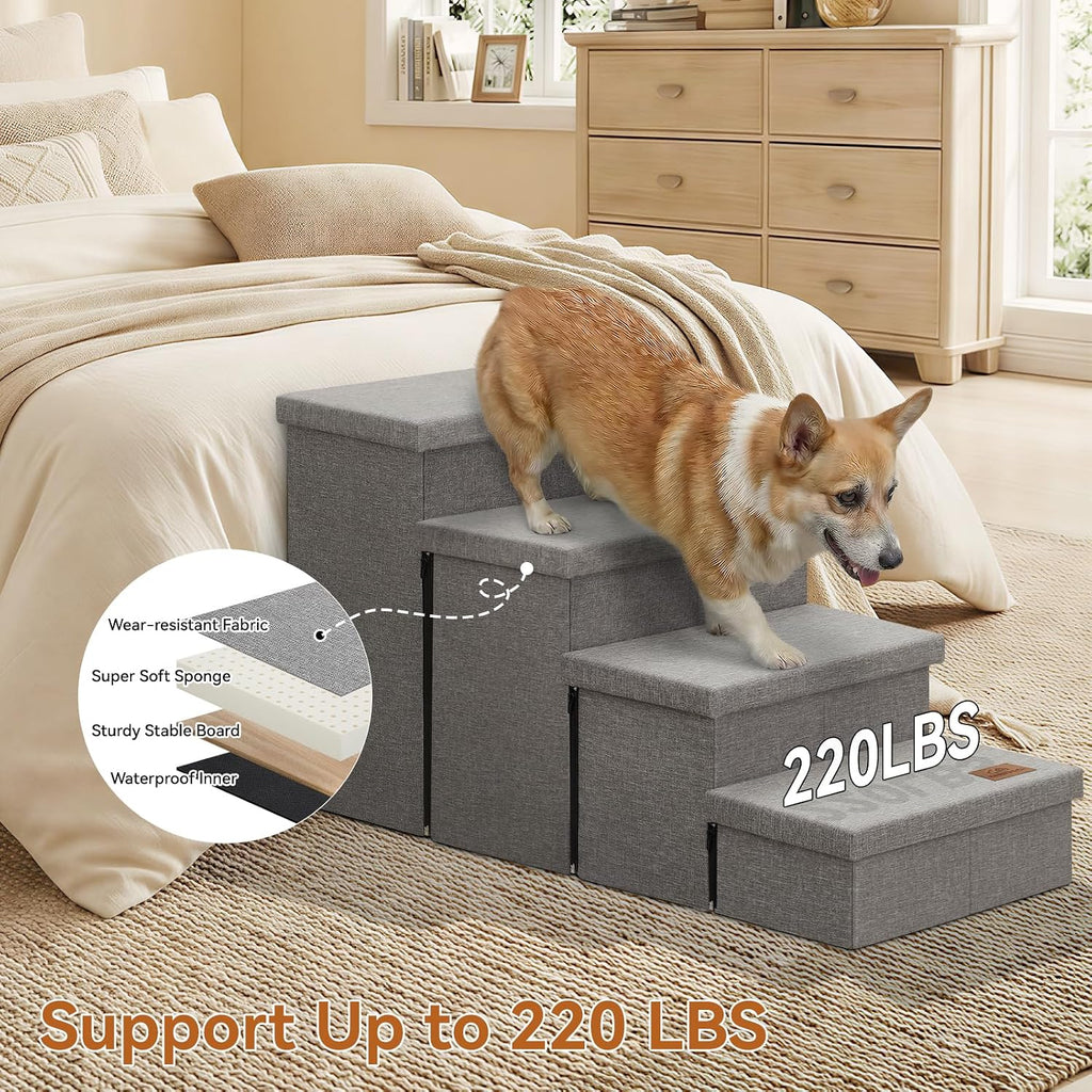 Zerbuger Dog Stairs with Storage, Grey 4 Steps Dog Ramp no Condo for Bed
