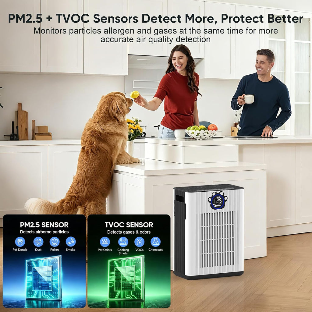 DAYETTE Pet Air Purifier for Home Large Room 3400 Ft², TVOC & PM2.5 Sensors