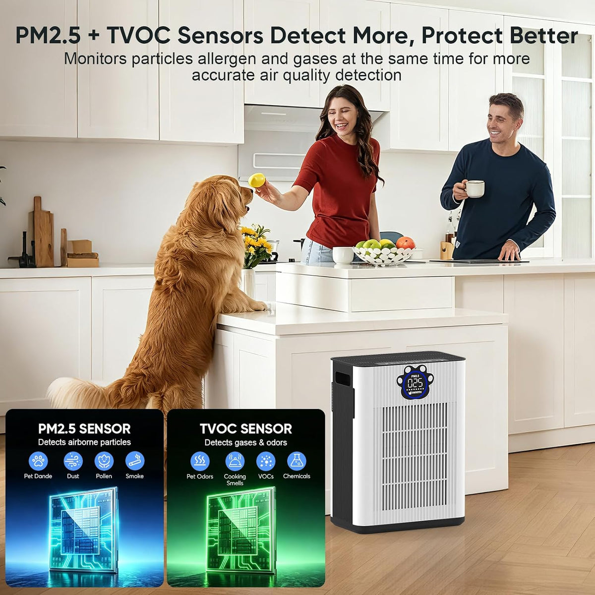 DAYETTE Pet Air Purifier for Home Large Room 3400 Ft², TVOC & PM2.5 Sensors