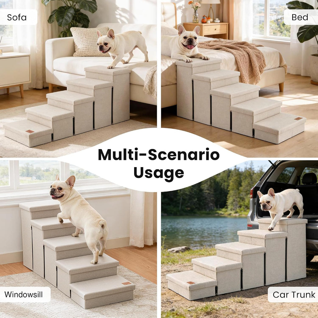 Love's cabin Dog Stairs for High Bed, Foldable Pet Stairs for Small Medium or Large Dogs Puppy with Storage for Bed or Couch, Cat Dog Steps Ramp with Zip up to 200 lbs, Beige, 5 Steps