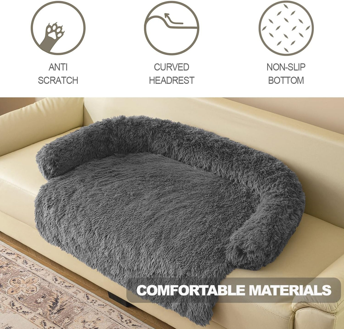 Calming Dogs/Cats Bed Mats, Dog Pad Washable Removable Couch Cover, Plush Long Fur Mat for Pets, Waterproof, Perfect for Small, Medium and Large Dogs and Cats (Beige, 36"x31.5"x 5.0")