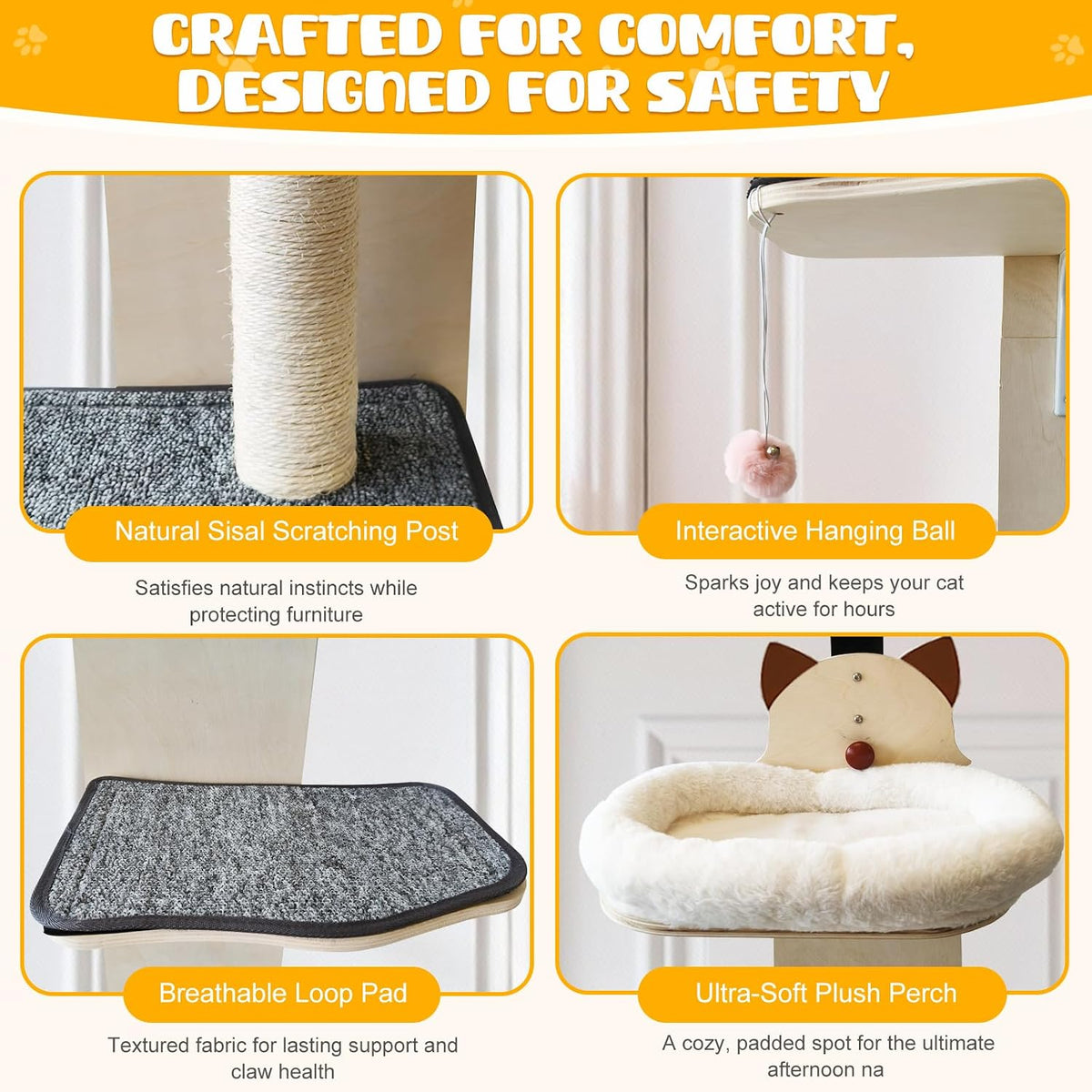 5-Levels Door Hanging Cat Climber, Vertical Door-Mounted Cat Tree Tower with Full Carpeted Plank & Cat Scratching Post for Small Medium Cats (5-Levels, Cat Head Style)