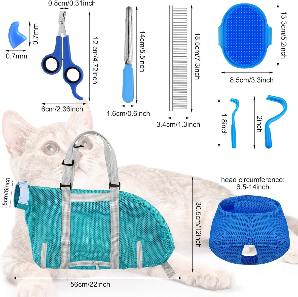 9 Pcs Cat Bathing Bag Anti Scratch Cat Grooming Bag for Nail Trimming Injecting Examining Pet Restraint Bags with Washing Comb Mesh Muzzle Nail Clipper & File Tick Tool