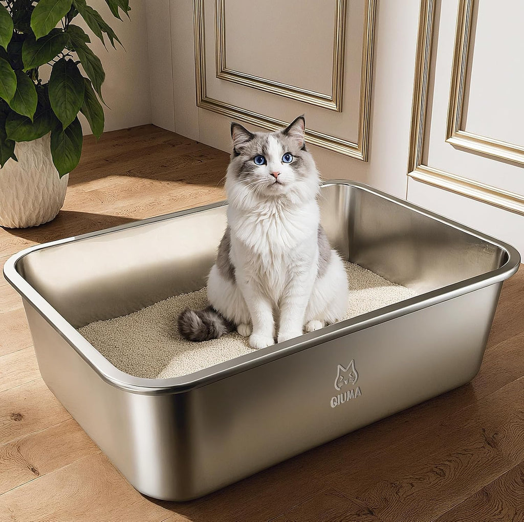 Qiuma Stainless Steel Litter Box, Metal Cat Litter Box with High Sides, Odor-Free, Non-Stick, Easy to Clean, 17.5"×13.6"×5.9", Ideal Size for Small to Medium Cats, Litter Tray