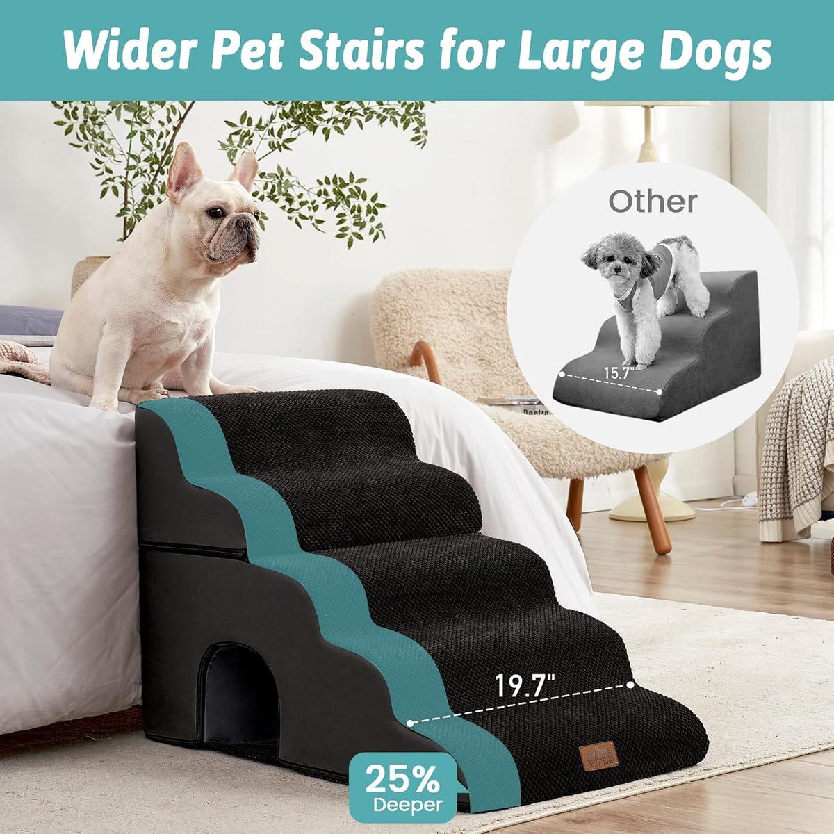COZY KISS Extra Wide Small Dog Stairs with Tunnel, Pet Step for Bed, Black
