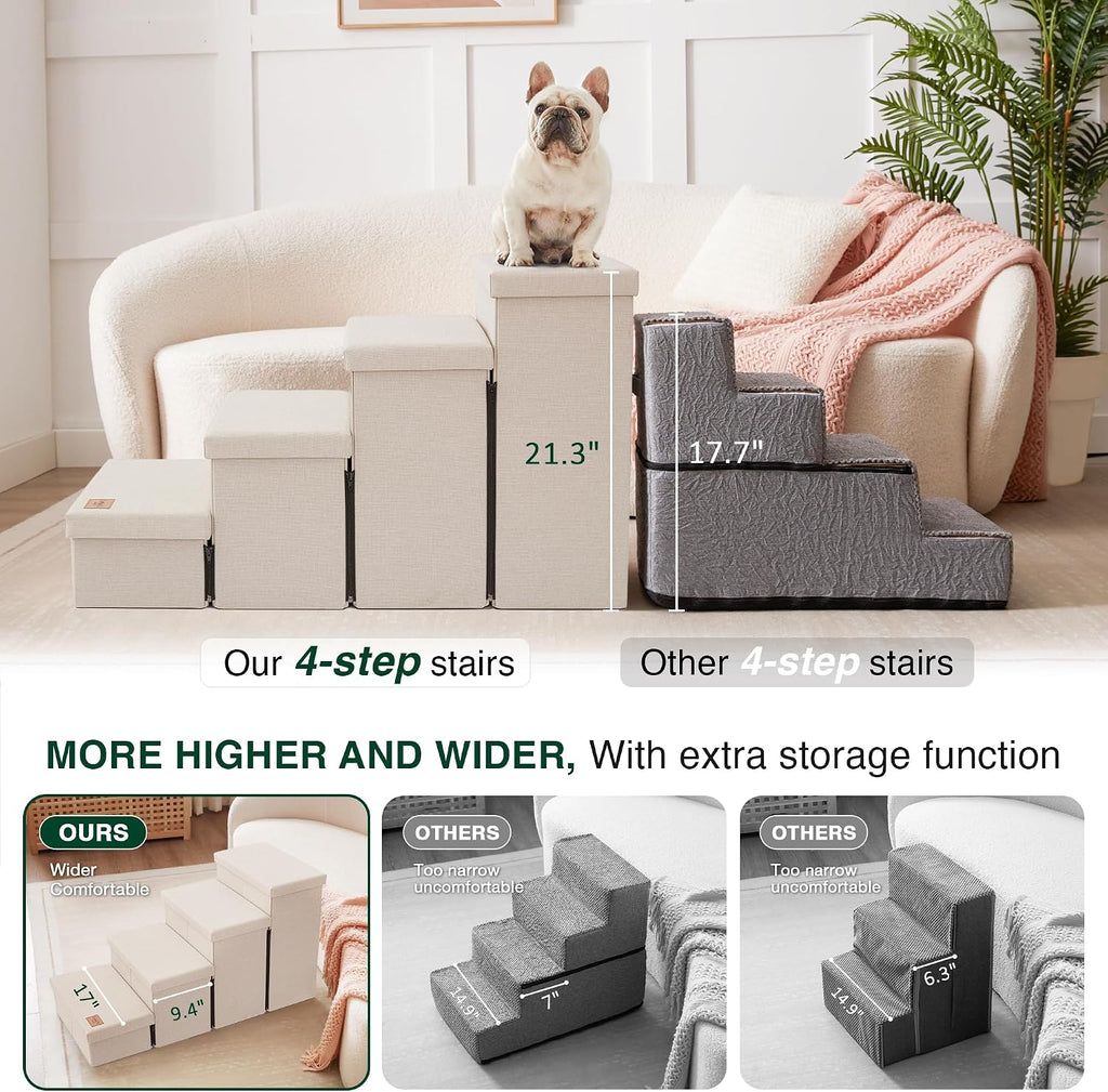 Love's cabin Dog Stairs for High Bed, Foldable Pet Stairs for Small Medium or Large Dogs Puppy with Storage for Bed or Couch, Cat Dog Steps Ramp with Zip up to 200 lbs, Beige, 4 Steps