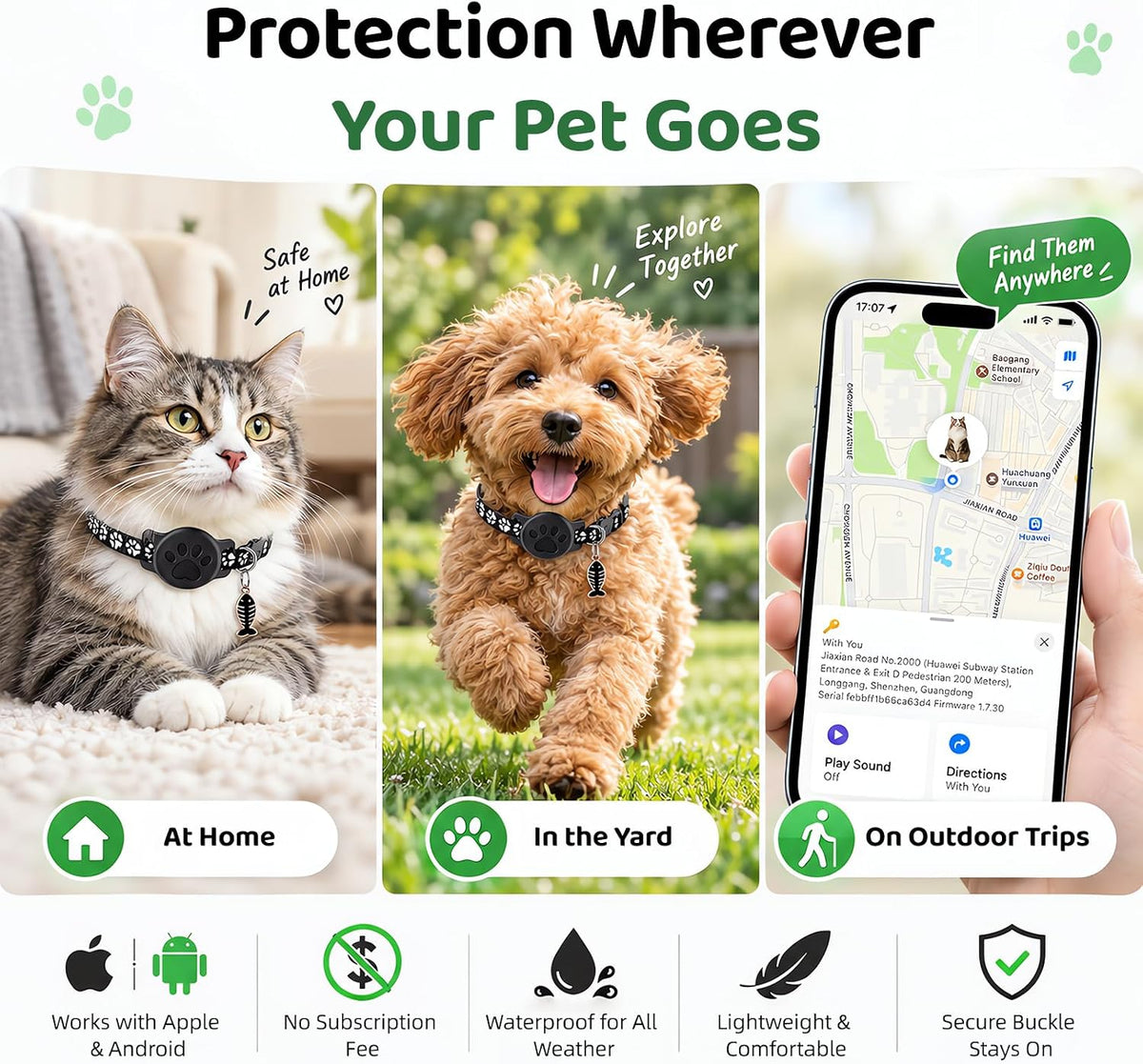 Pet Tracker Collar for Cats, Smart Collar for Small Dogs with Locator