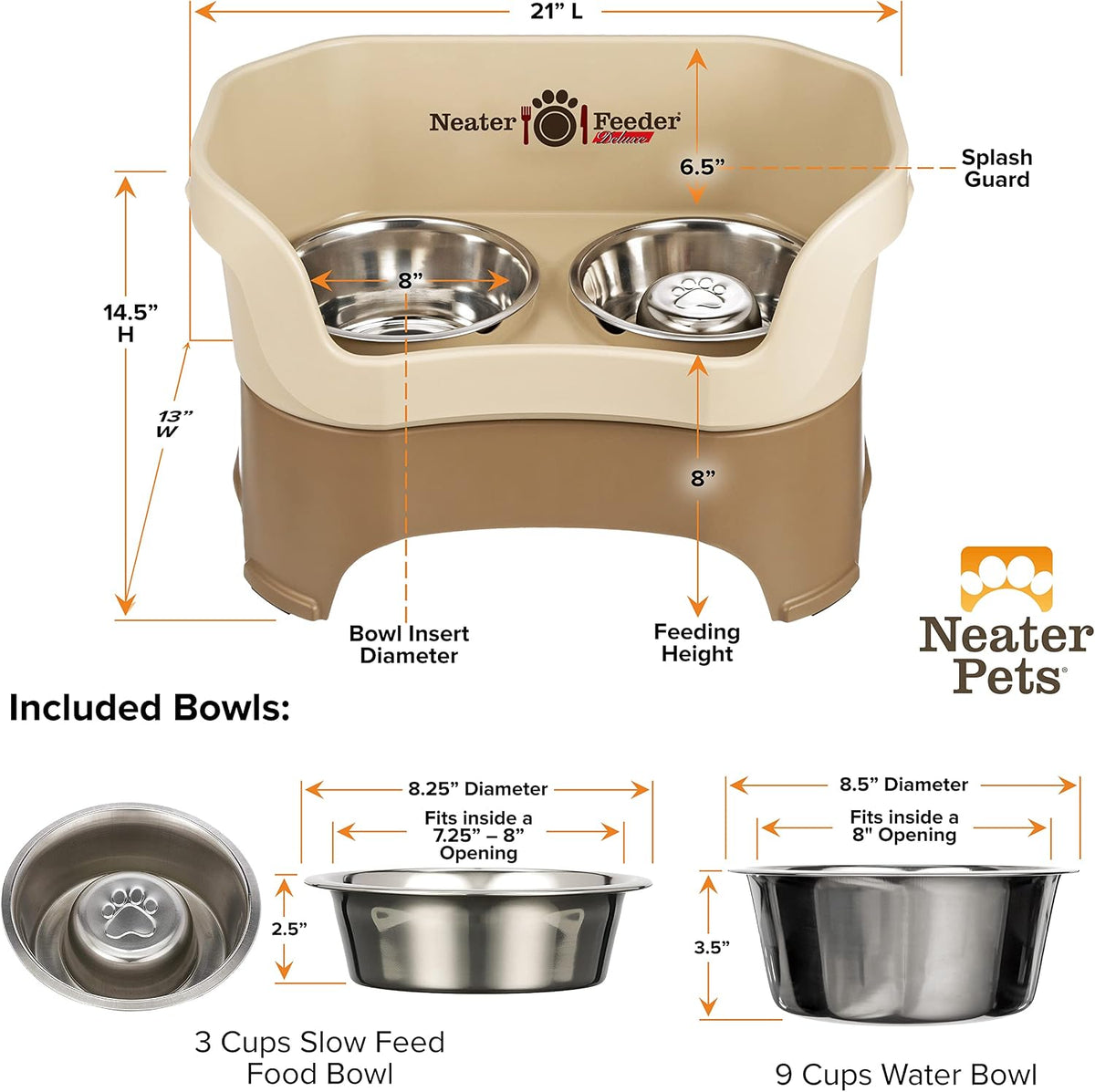 Neater Feeder Deluxe Mess Proof Dog Bowls Elevated for Large Breeds – Made in USA – No Spill Raised Slow Feeder Elevated Dog Bowl Stand, Stainless Steel Food and Water Bowl Set, Cappuccino 