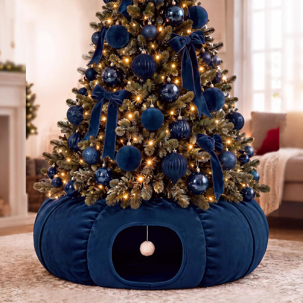 Christmas Tree Cat Tunnel 36 in Donut Bed, Navy Blue, Velvet, Fluffy