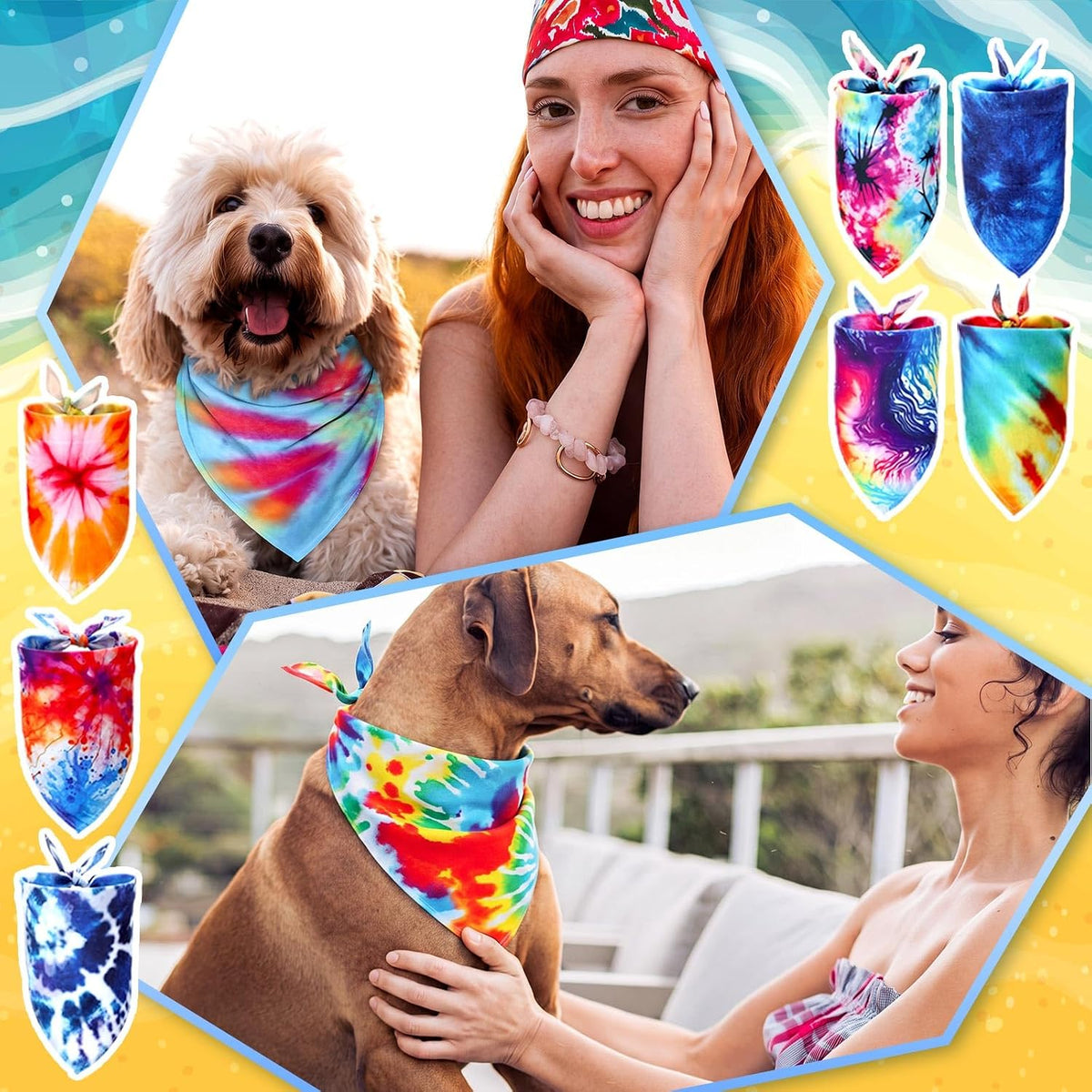 Huhumy 50 Pcs Tie Dye Dog Bandanas Bulk XL Tie Dye Bandanas for Dogs