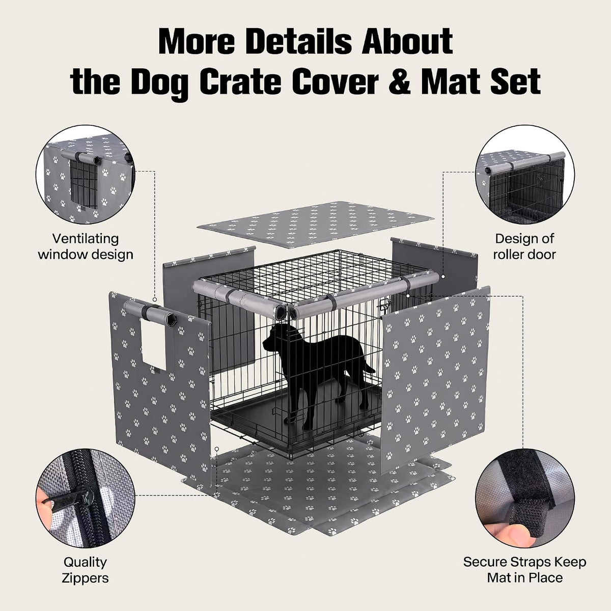 PetPrime 24 Inch Dog Crate Cover with Reversible Mat Set, Waterproof Pet Kennel Cover, Private & Cozy Retreat to Reduce Anxiety, Fits 24" L x 18" W x 19" H Crates (Crate Not Included)