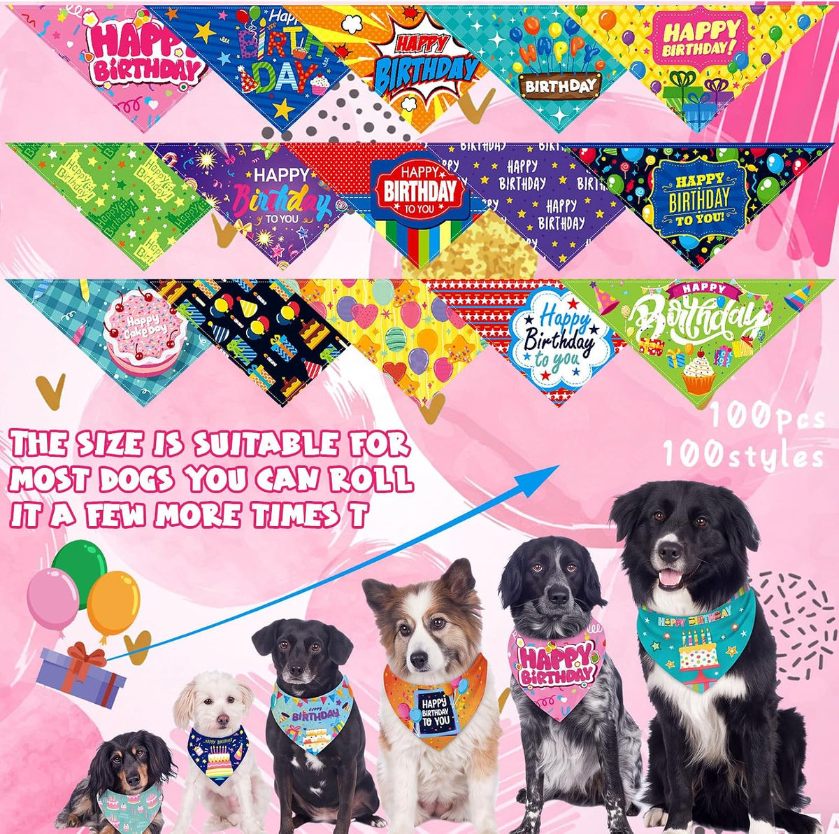 Huhumy 100 Pcs Birthday Dog Bandanas Bulk Bandanas for Medium Large Dogs